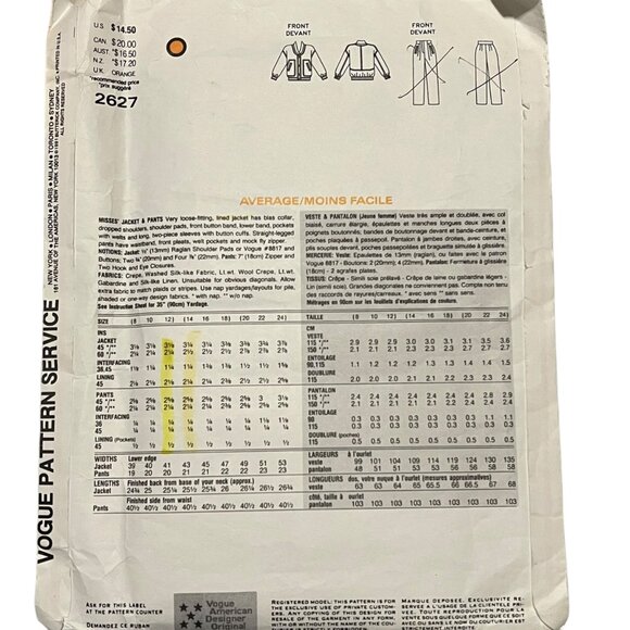 Vintage Vogue Attitudes Carmelo Pomodoro 2627 Sewing Pattern Misses Jacket Pants - Picture 2 of 2